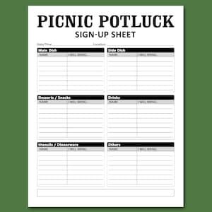 Picnic Potluck Sign Up Sheet Printable Template, Celebration Gathering Brunch Dinner Friends Party Food Signup, Instant Download, Letter, A4