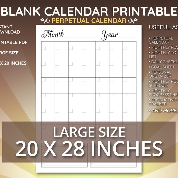 20x28 BLANK Wall Calendar Printable, Large Blank Perpetual Wall Calendar, Diy Calendar Planner, Monthly Blank Calendar and Planner PDF JPG