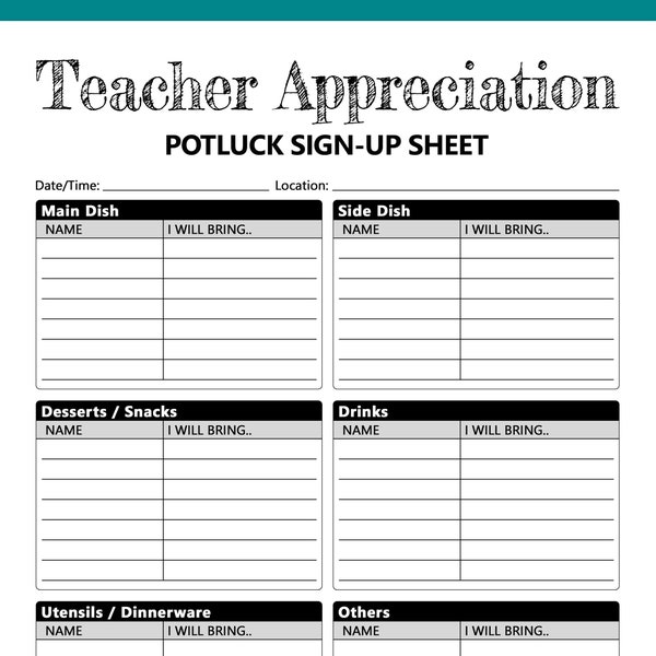 Teacher Appreciation Potluck Sign Up Sheet Printable, Signup Form Potluck Dinner, Thank You Educators Professors Tutors Mentors, A4 Letter