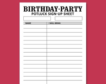 Birthday Potluck Sign Up Sheet Printable Template, Brunch Dinner Party Food Signup, Family Friends Coworker, Instant Download, Letter, A4