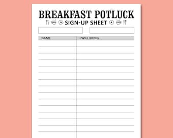 Breakfast Potluck Sign Up Sheet Printable Template, Morning Celebration Gathering Friends Party Food Signup, Instant Download, Letter, A4