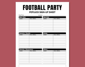 Football Party Potluck Sign Up Sheet Printable, Potluck Dinner Signup Form, Friends Family Social Event Games Activities, Letter, A4 size