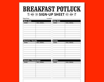 Breakfast Potluck Sign Up Sheet Printable Template, Morning Celebration Gathering Friends Party Food Signup, Instant Download, Letter, A4