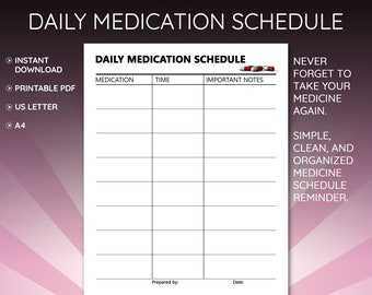 Medication Tracker Printable, Simple Daily Medication List Printable Adult Senior Medication Log Chart Plan Checklist Medical Pill Organizer
