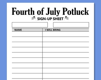 Fourth of July Potluck Sign Up Sheet PRINTABLE Form, Celebration Gathering Brunch Dinner Friends Barbeque Party Food Signup, Letter, A4