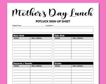 Mother's Day Lunch Potluck Sign Up Sheet PRINTABLE, Party Signup Form Potluck Meal, Friends Community Social Event Activities, Letter, A4