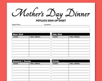 Mother's Day Dinner Potluck Sign Up Sheet PRINTABLE, Party Signup Form Potluck Meal, Friends Community Social Event Activities, Letter, A4