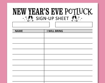 Potluck Sign Up Sheet Printable Template, New Year's Eve Dinner Party Signup, New Year Countdown Get Together, Family Friends Work Reunion