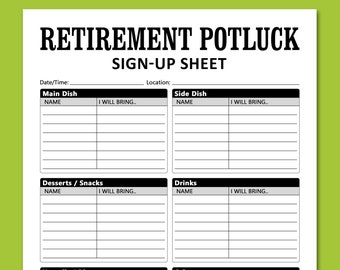 Retirement Potluck Sign Up Sheet Printable Template, Brunch Dinner Party Food Signup, Family Friends Coworker, Instant Download, Letter, A4