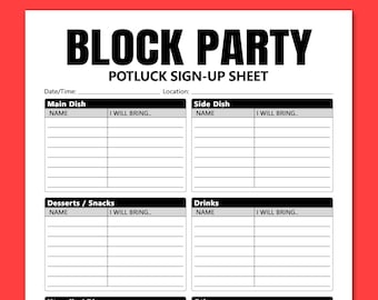 Block Party Potluck Sign Up Sheet Printable, Potluck Dinner Signup Form, Community Street Party Social Event Activities Games, Letter, A4