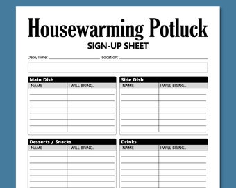 Housewarming Potluck Sign Up Sheet PRINTABLE, Post-Moving Party Signup Form Lunch Dinner, Friends Social Event Activities, Letter, A4 Size