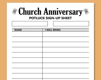Church Anniversary Potluck Sign Up Sheet PRINTABLE, Signup Form Potluck Dinner, Community Social Religious Event Activities, Letter, A4 Size