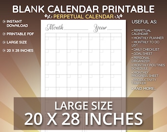 20x28 BLANK Wall Calendar Printable, Large Blank Perpetual Wall Calendar, Diy Calendar Planner, Monthly Blank Calendar and Planner PDF JPG