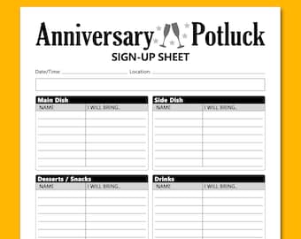 Anniversary Potluck Sign Up Sheet PRINTABLE, Signup Form Potluck Dinner, Friends Family Community Social Event Activities, Letter, A4 size