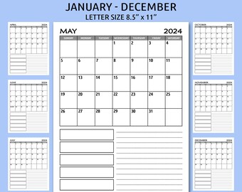 2024 Monthly Calendar Printable PDF January - December 2024 Sunday Start | Professional Calendar Monthly Planner | Letter Size Vertical