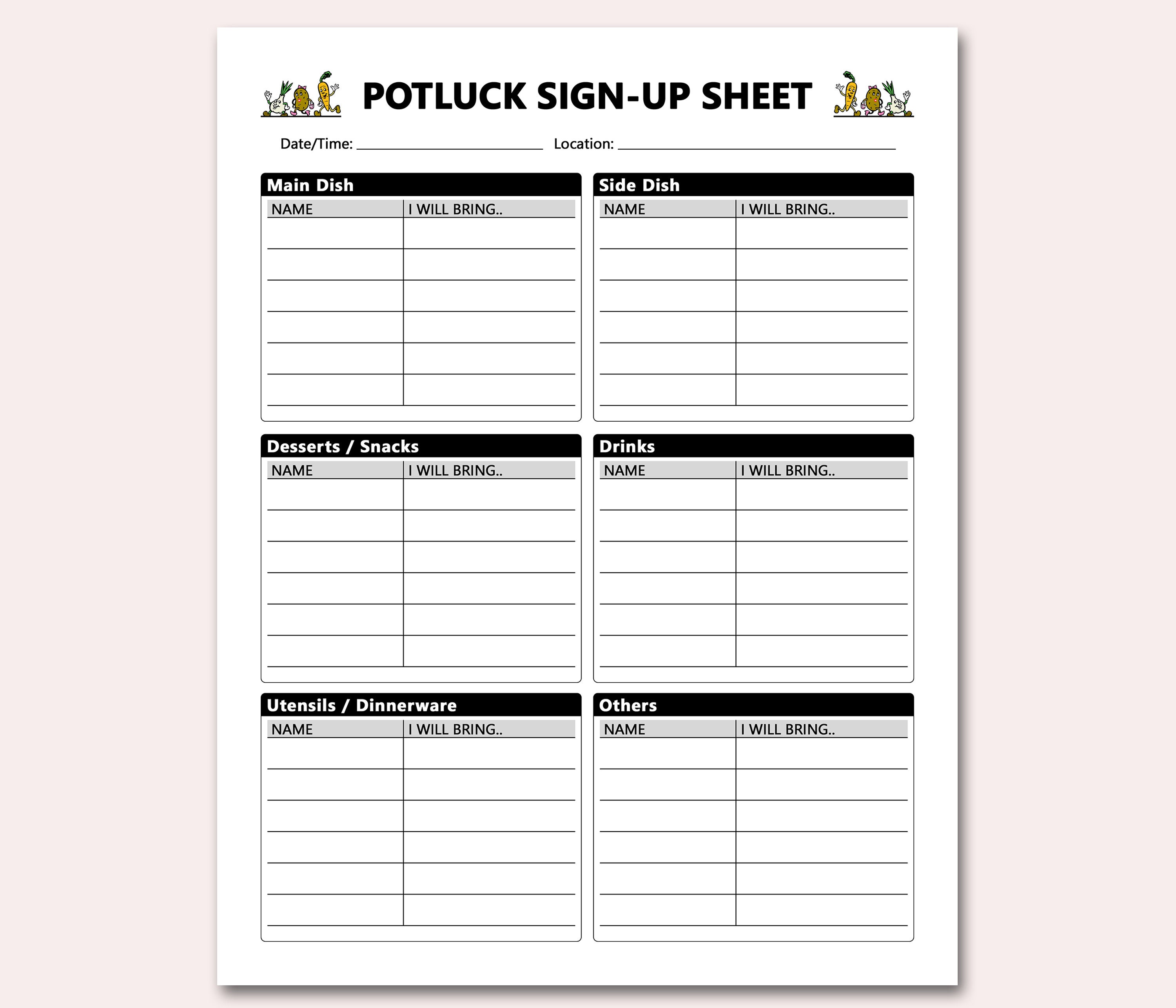 Editable Printable Sign Up Sheet For Potluck Church Fellowship Sign 