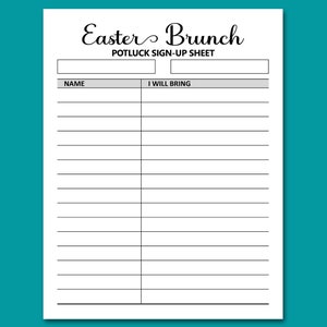 Easter Brunch Potluck Sign up Sheet Printable, Signup Form for Potluck ...