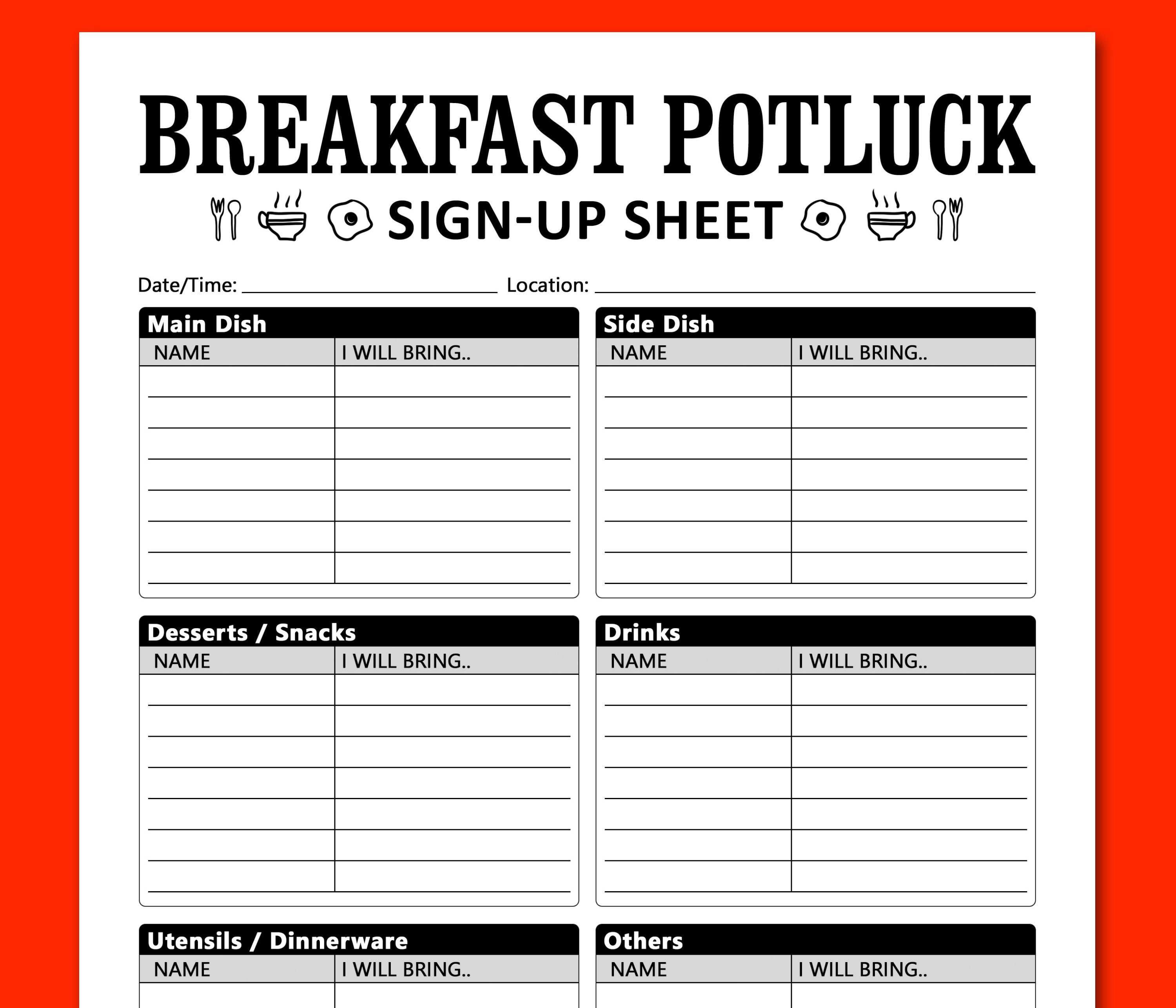 Breakfast Potluck Sign Up Sheet Printable Template Morning Etsy