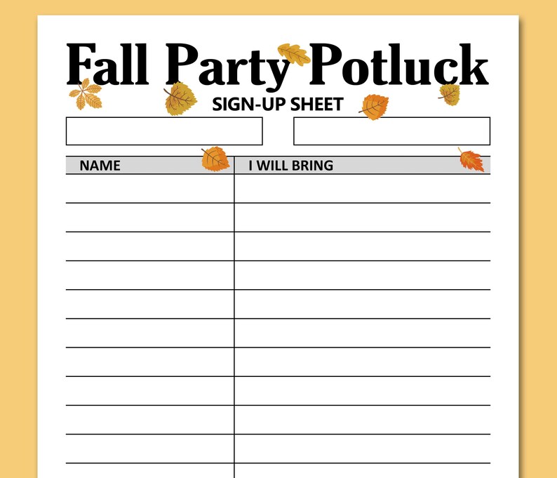 Fall Potluck Sign Up Sheet Printable Signup Form Fall Party Etsy Norway