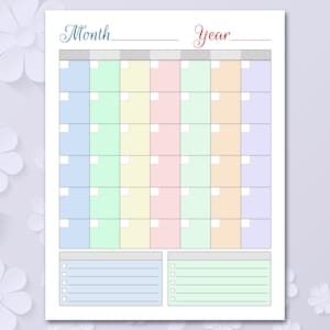 Colored BLANK Calendar Printable, Blank Perpetual Calendar, Undated ...