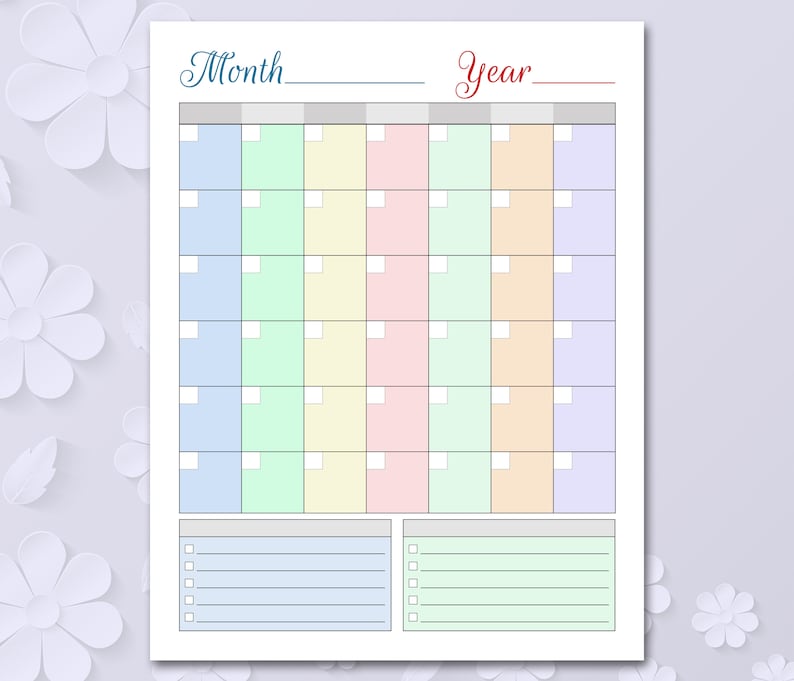 Colored BLANK Calendar Printable Blank Perpetual Calendar Etsy New