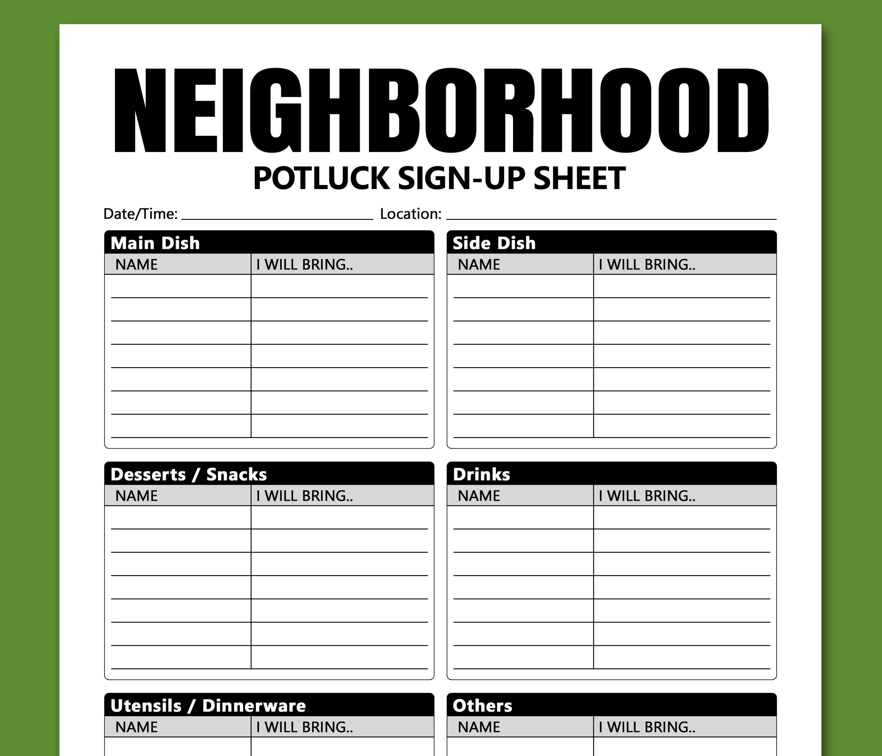 Neighborhood Potluck Sign up Sheet Printable, Signup Form for Potluck ...