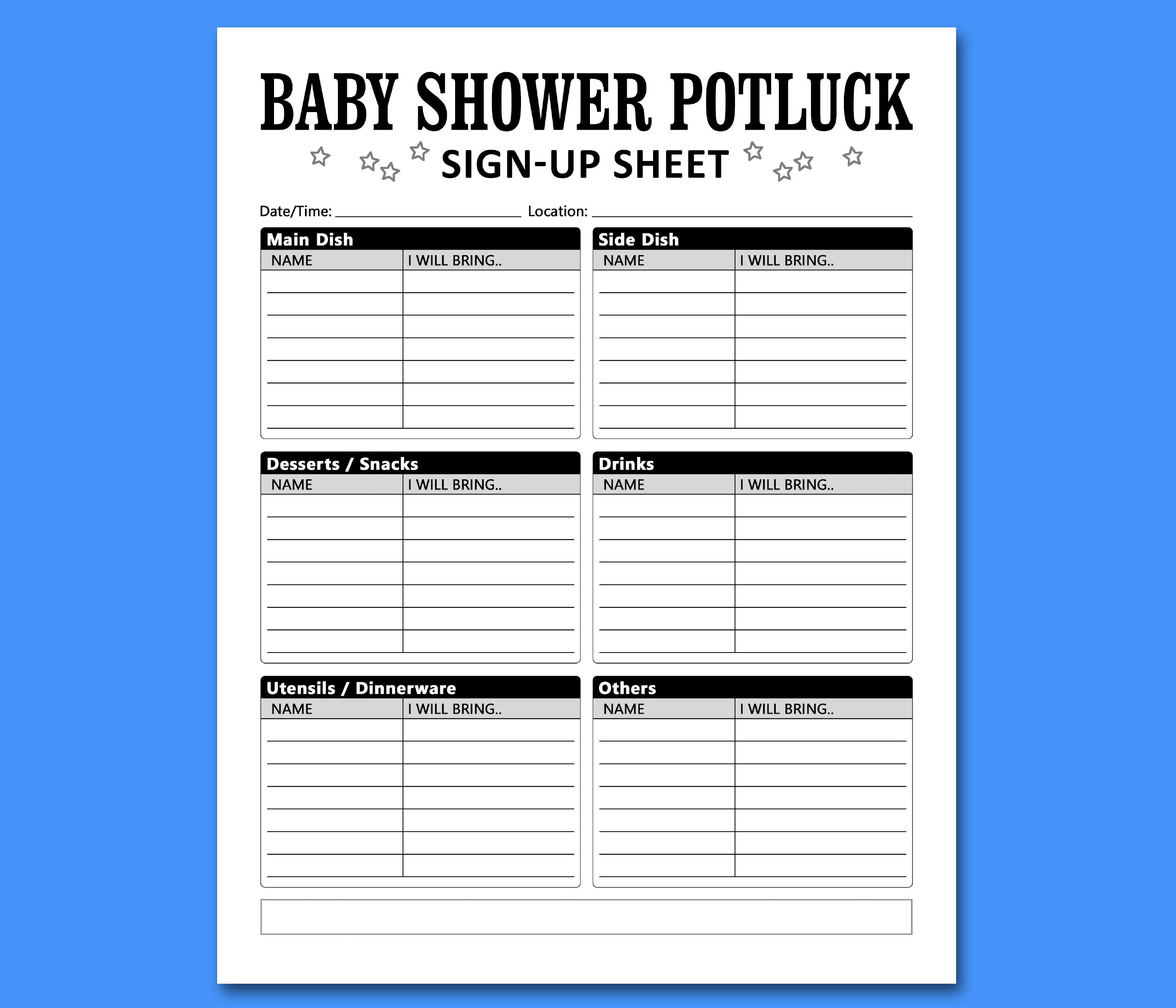 Baby Shower Potluck Sign up Sheet Printable Template, Brunch Dinner ...