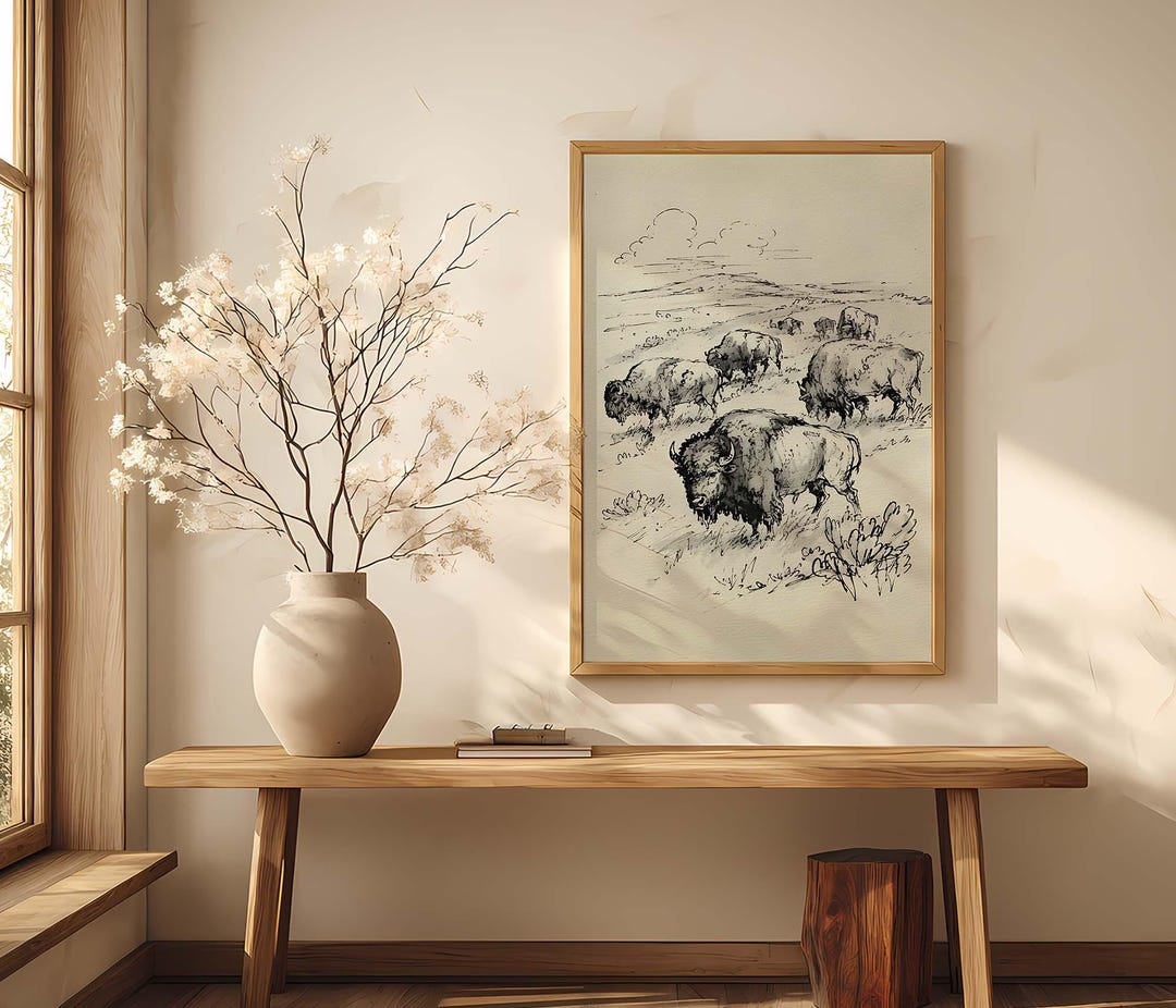 Artful Western Wall Art Printable, Bison Buffalo Herd Art Print, Rustic ...