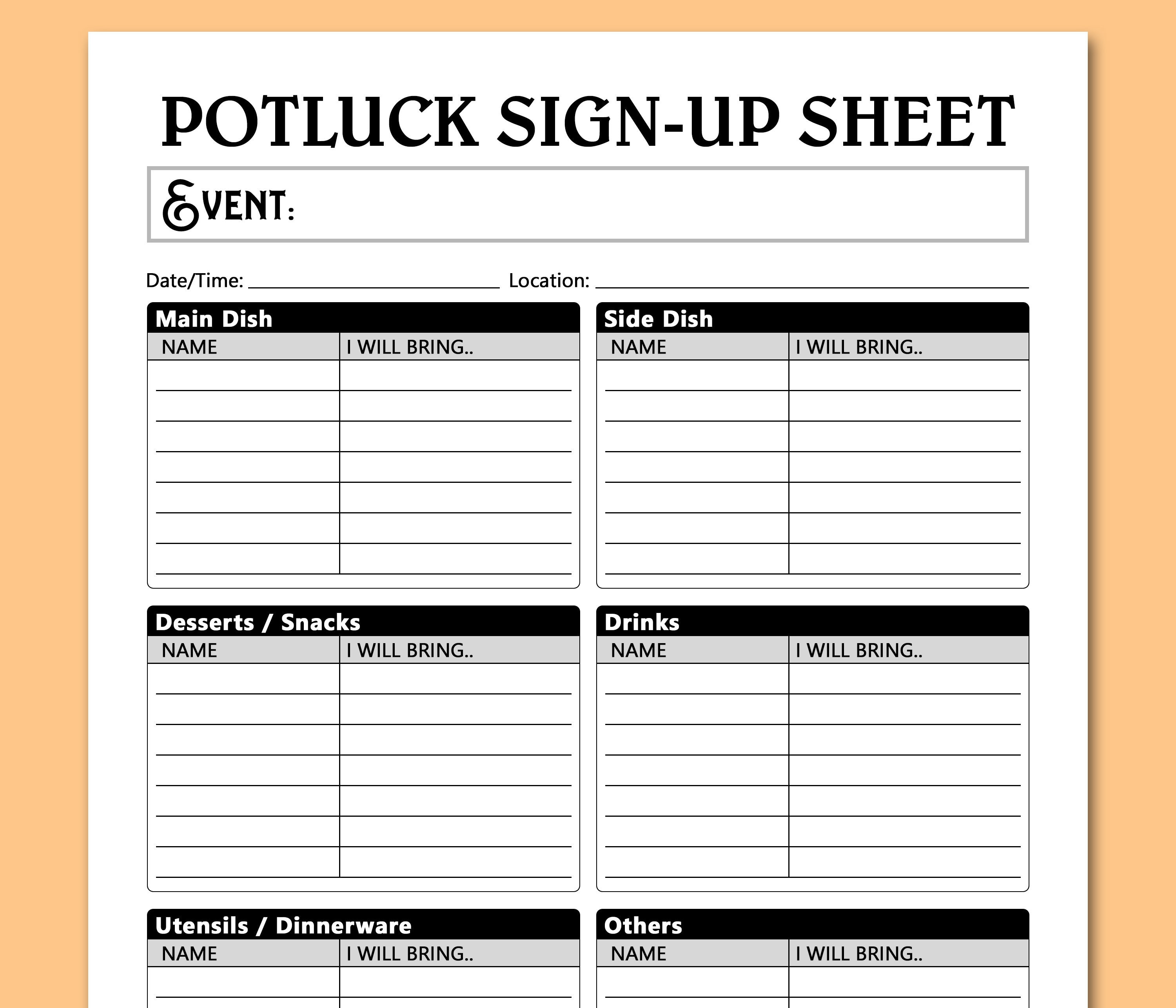 Potluck Sign Up Sheet Printable Template Potluck Dinner Party Etsy