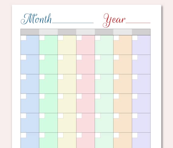 Colored BLANK Calendar Printable Blank Perpetual Calendar | Etsy