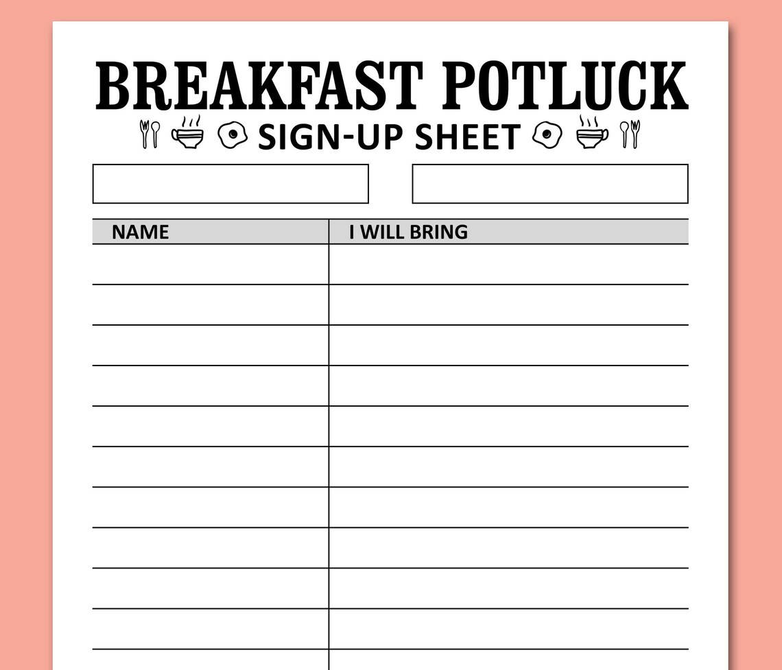 Breakfast Potluck Sign up Sheet Printable Template Morning - Etsy Australia
