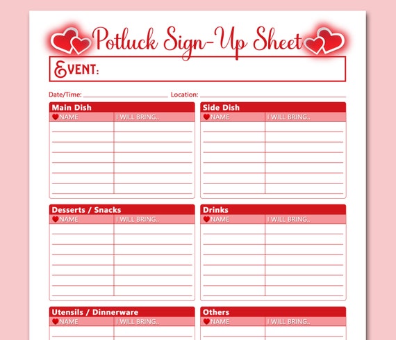 Valentine Potluck Sign up Sheet Printable Template Potluck - Etsy