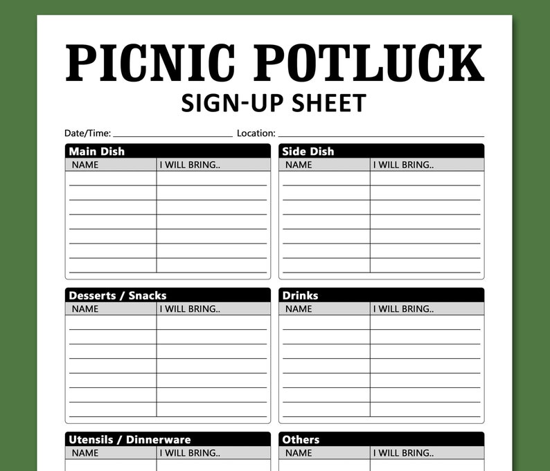 Picnic Potluck Sign up Sheet Printable Template, Celebration Gathering Picnic Potluck Sign up Sheet Printable Template, Celebration Gathering