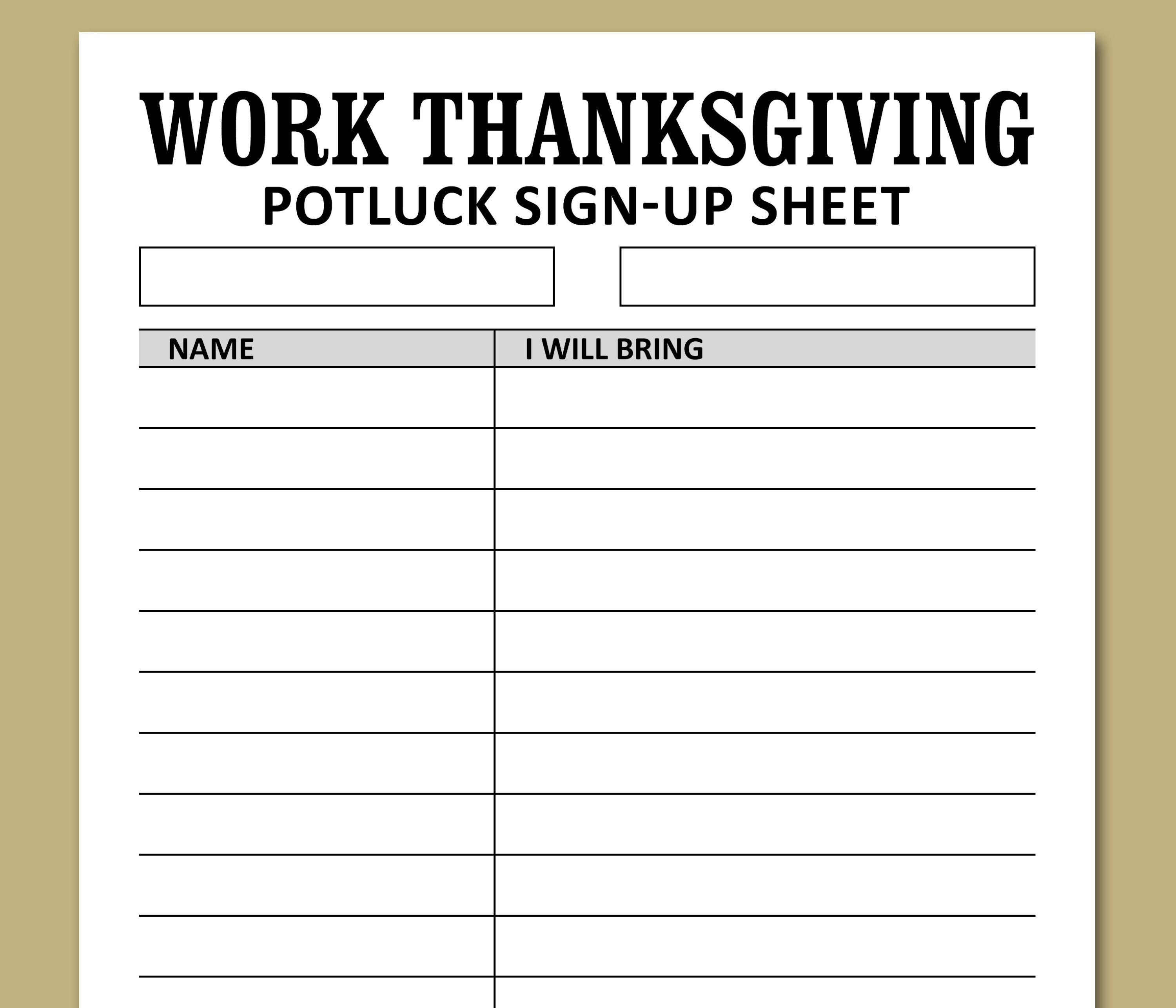 Work Thanksgiving Potluck Sign up Sheet PRINTABLE Template, Office ...