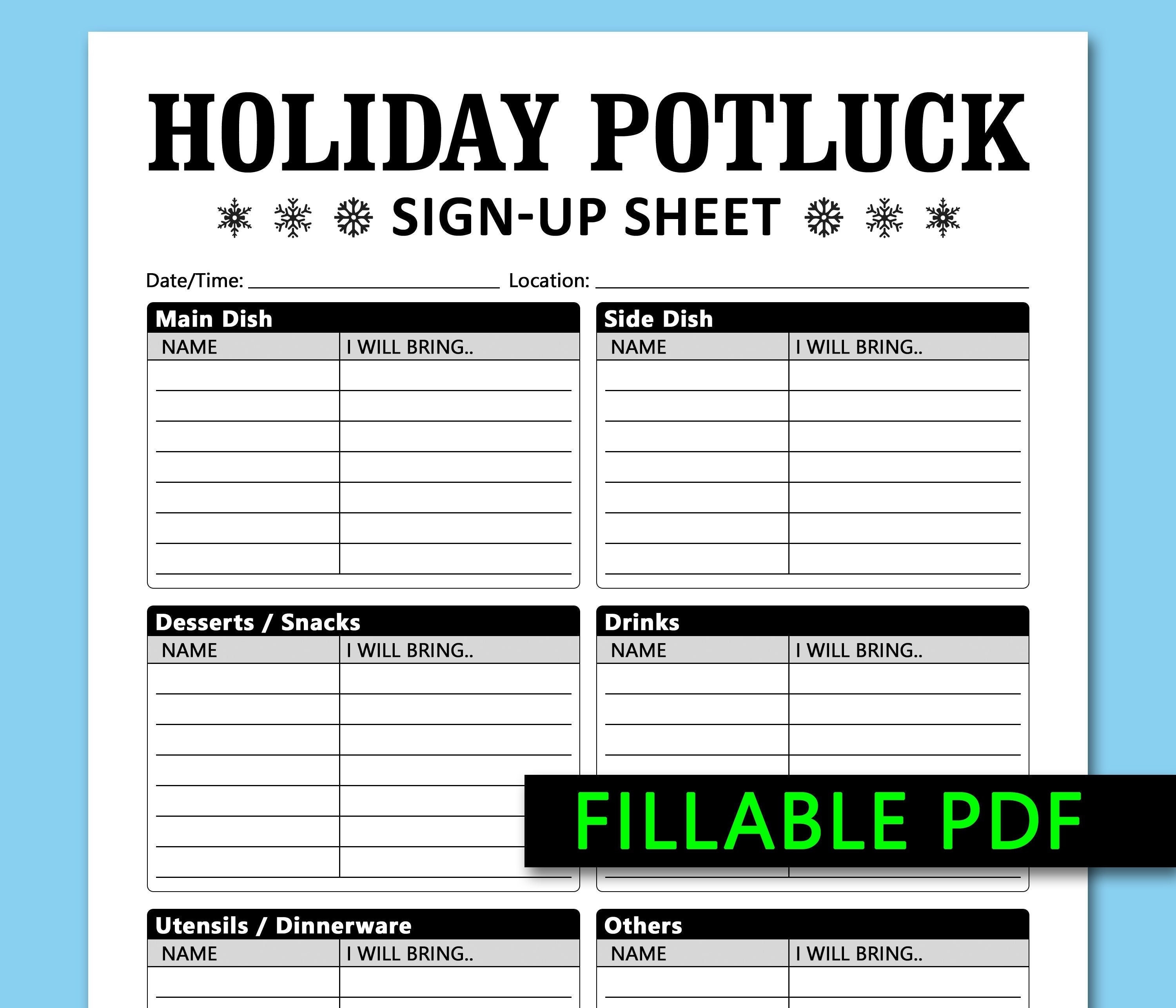 Holiday Potluck Sign up Sheet Printable Fillable PDF, Christmas, New Holiday Potluck Sign up Sheet Printable Fillable PDF, Christmas, New
