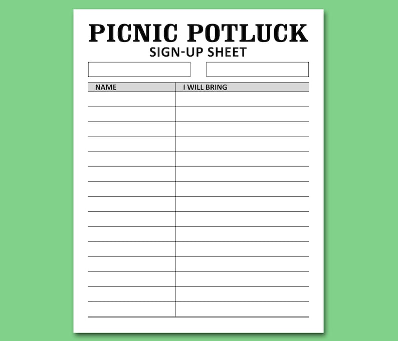 Picnic Potluck Sign Up Sheet Printable Template Celebration Etsy Hong 