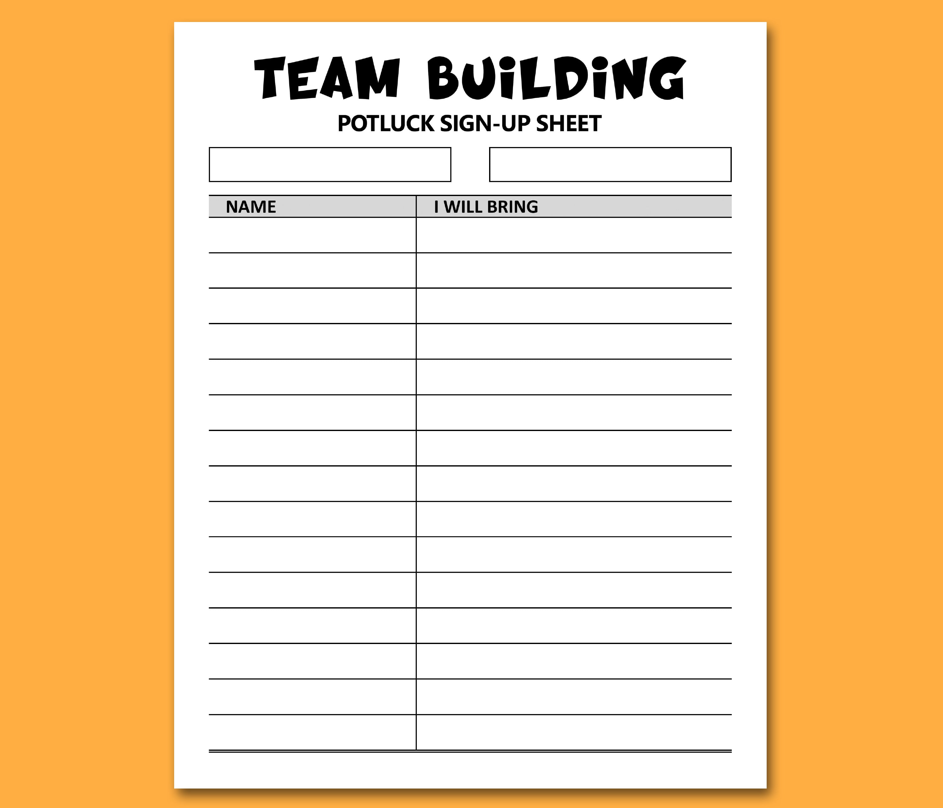 Team Building Potluck Sign up Sheet Printable, Signup Form Potluck