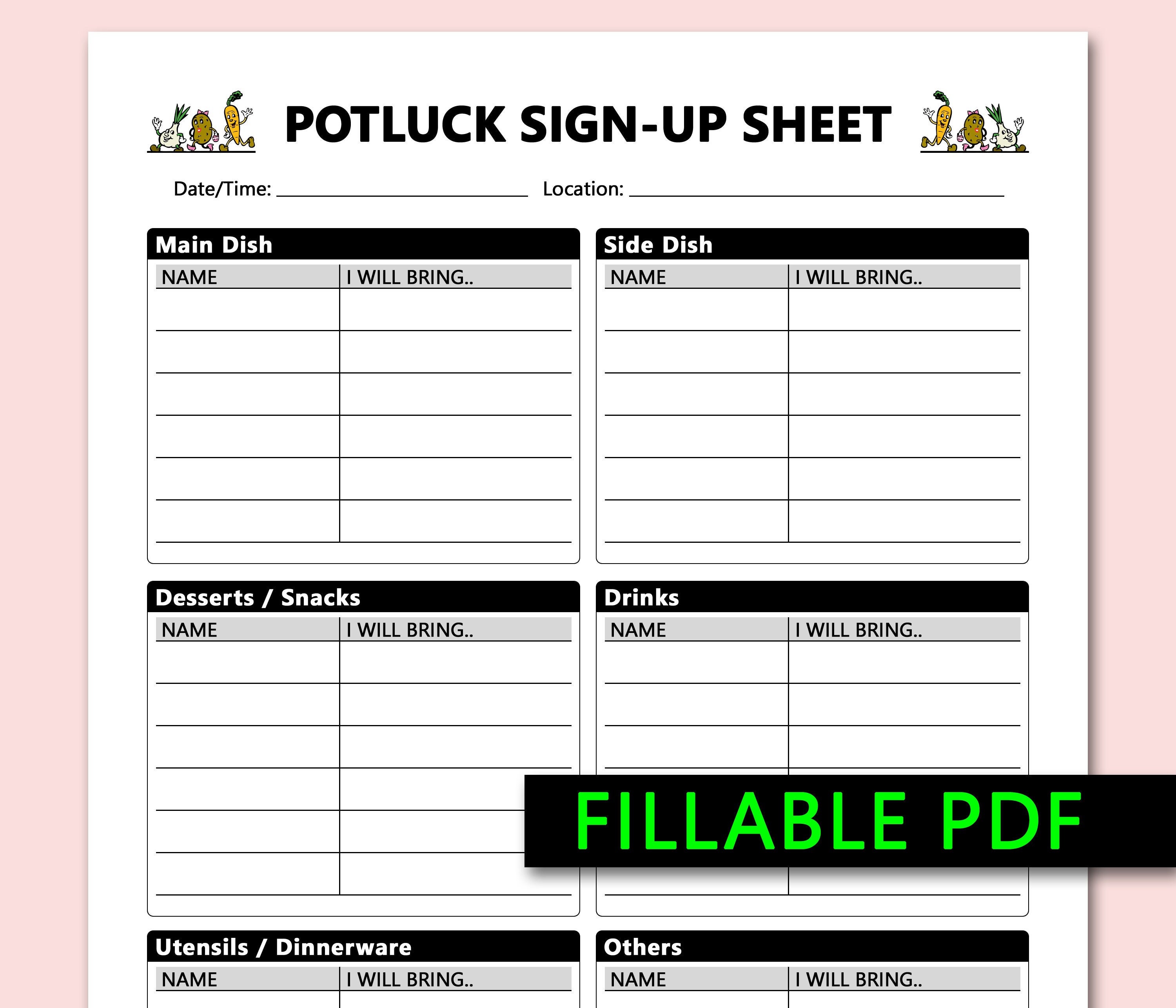 Potluck Sign Up Sheet Template Free Printable