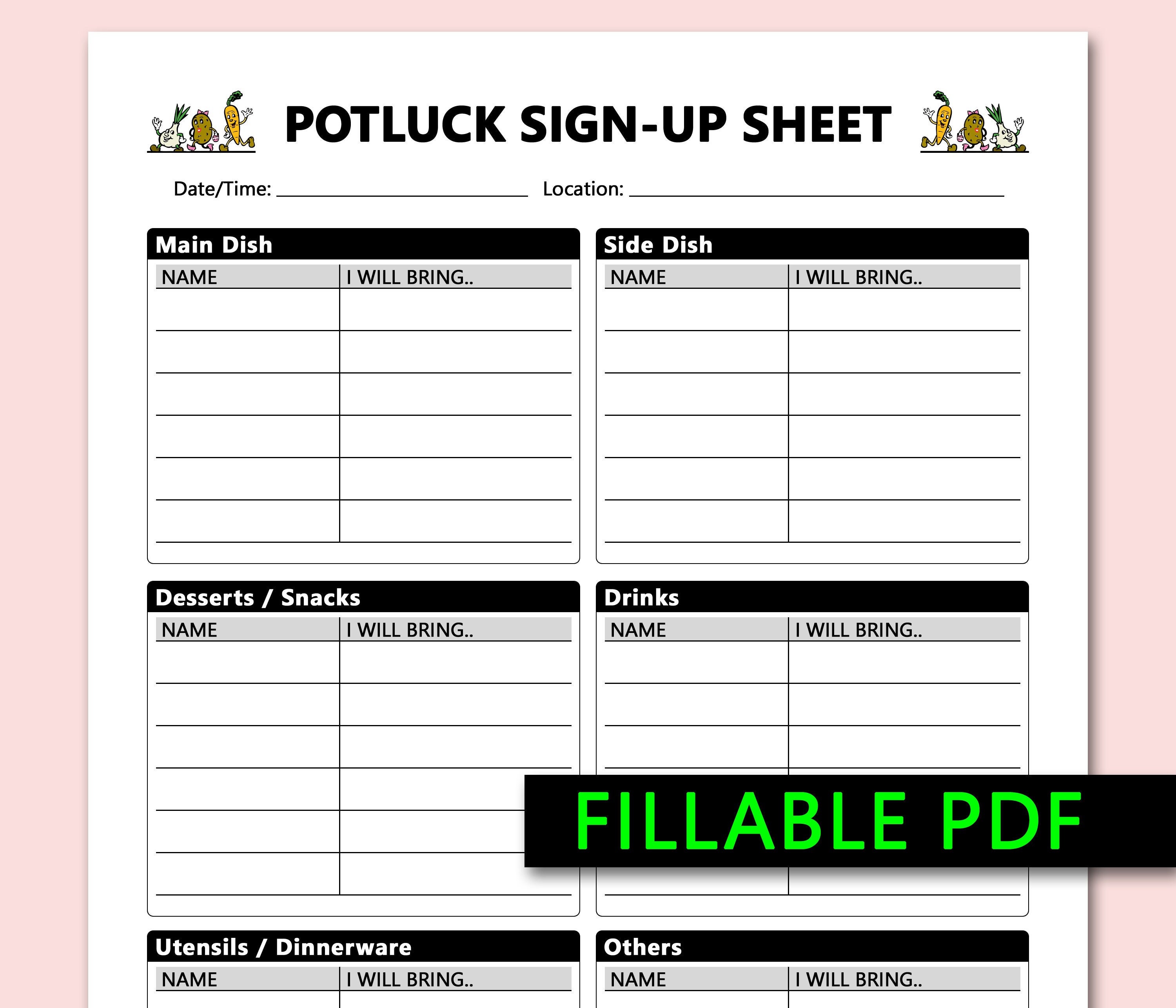 POTLUCK Sign up Sheet Printable Fillable PDF Bring and Share Etsy