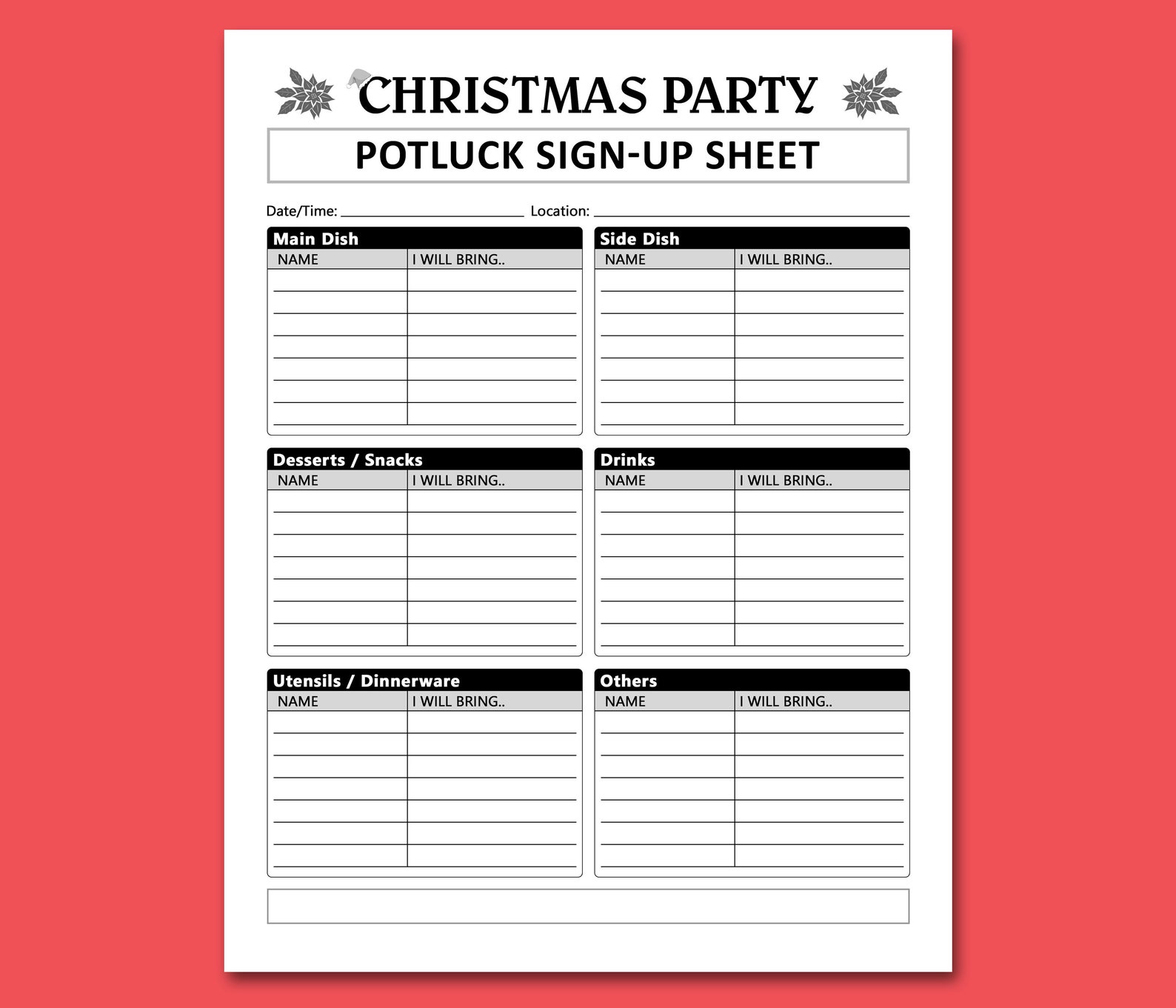 Christmas Party Potluck Sign Up Sheet Printable Holidays Etsy