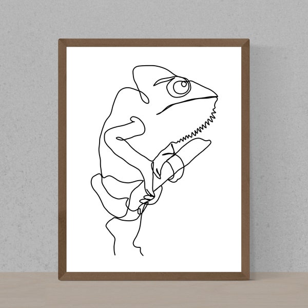 Chameleon Artwork Line Art Design, Funny Chameleon Sketch Drawing Prints, Printable Lineart, DIY Minimalist Abstract Animal Wall Art Decor