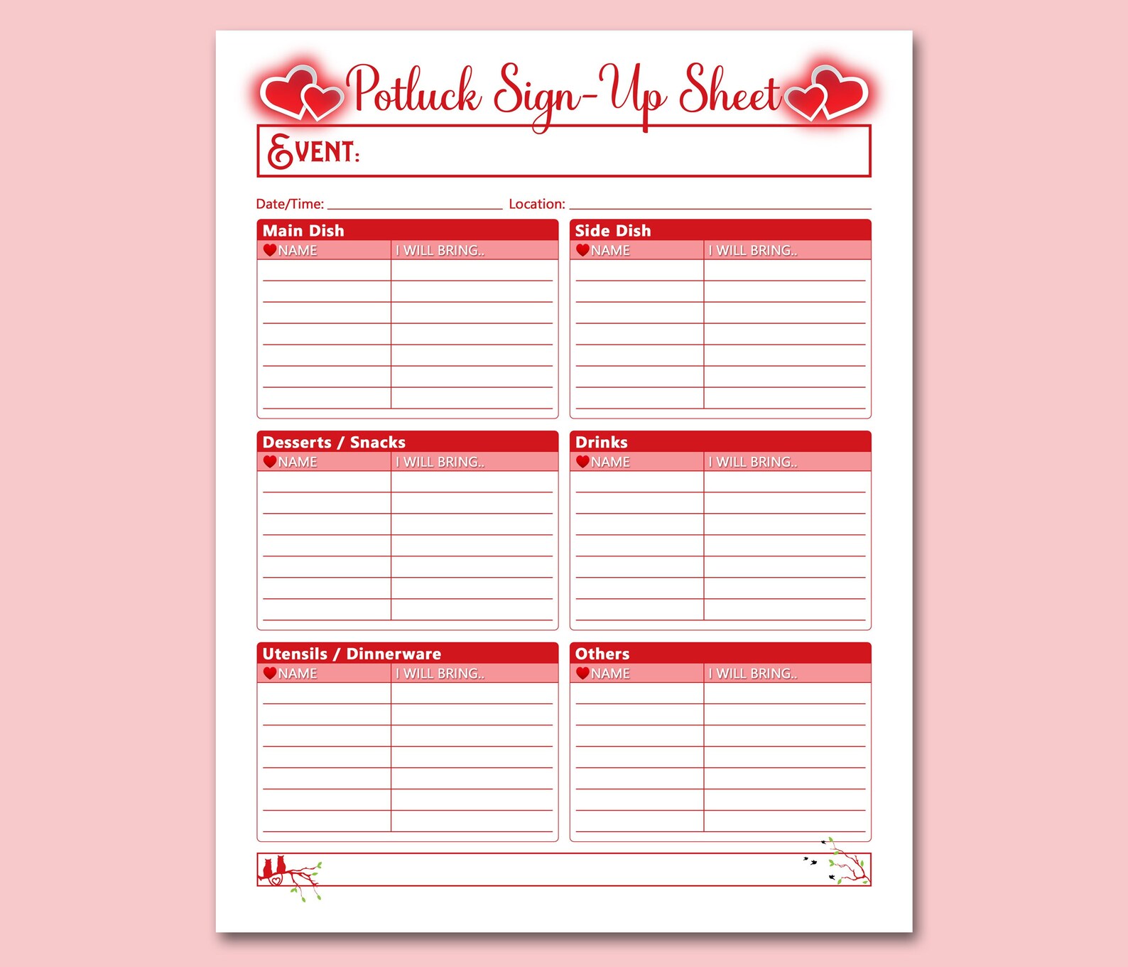 Valentine Potluck Sign up Sheet Printable Template, Potluck Dinner ...