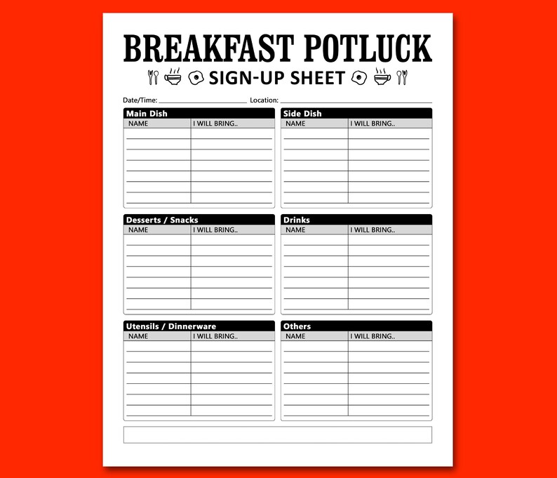Breakfast Potluck Sign up Sheet Printable Template, Morning Celebration ...