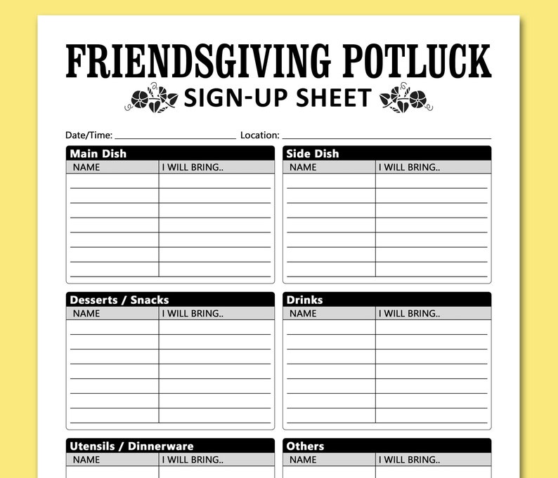 Thanksgiving Potluck Sign up Sheet Printable Template, Friendsgiving Thanksgiving Potluck Sign up Sheet Printable Template, Friendsgiving