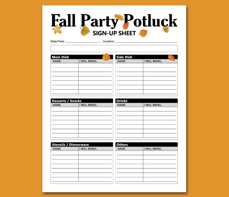 Fall Party Potluck Sign up Sheet Printable, Signup Form, Fall Potluck ...