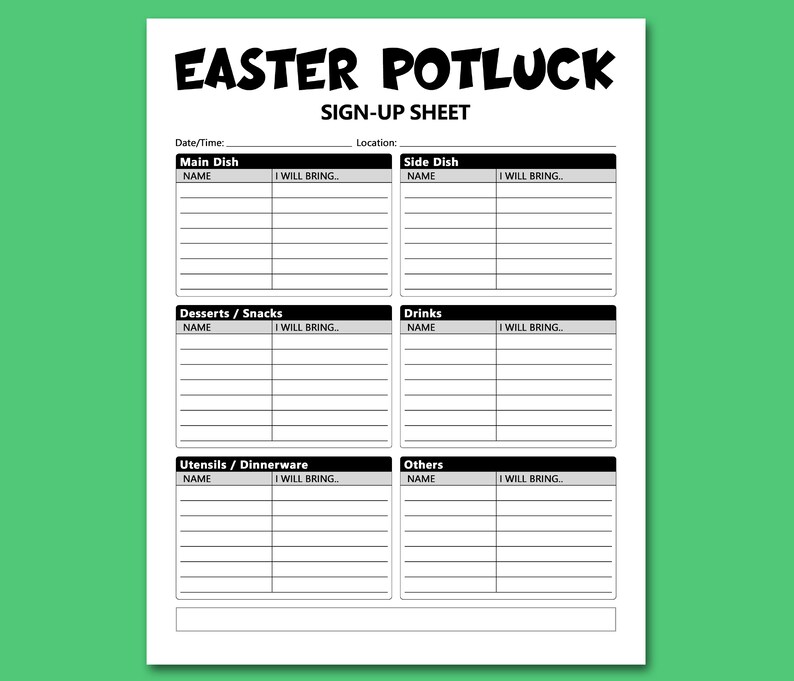 Easter Potluck Sign Up Sheet Printable Signup Form Potluck Etsy