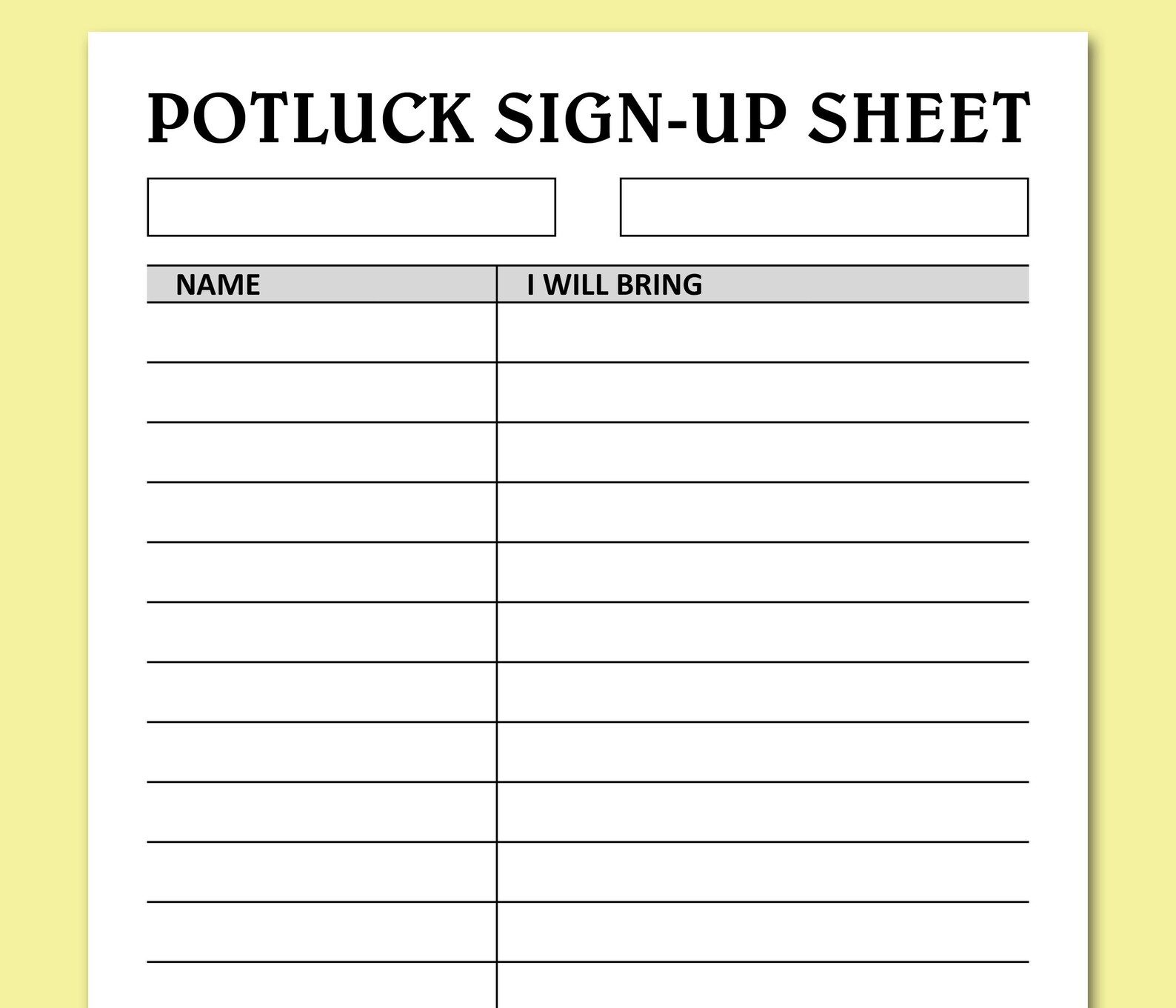 Printable Potluck Sign Up Sheet