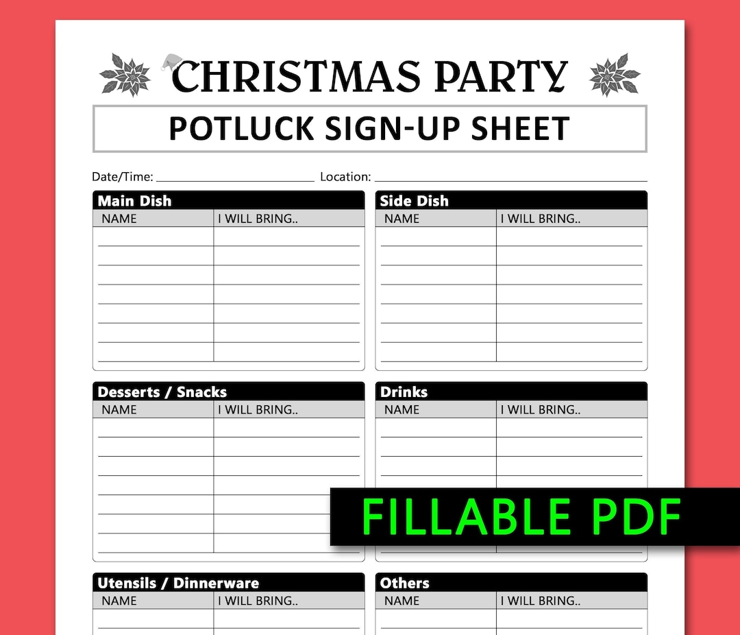 Christmas Party Potluck Sign up Sheet Printable Fillable PDF - Etsy
