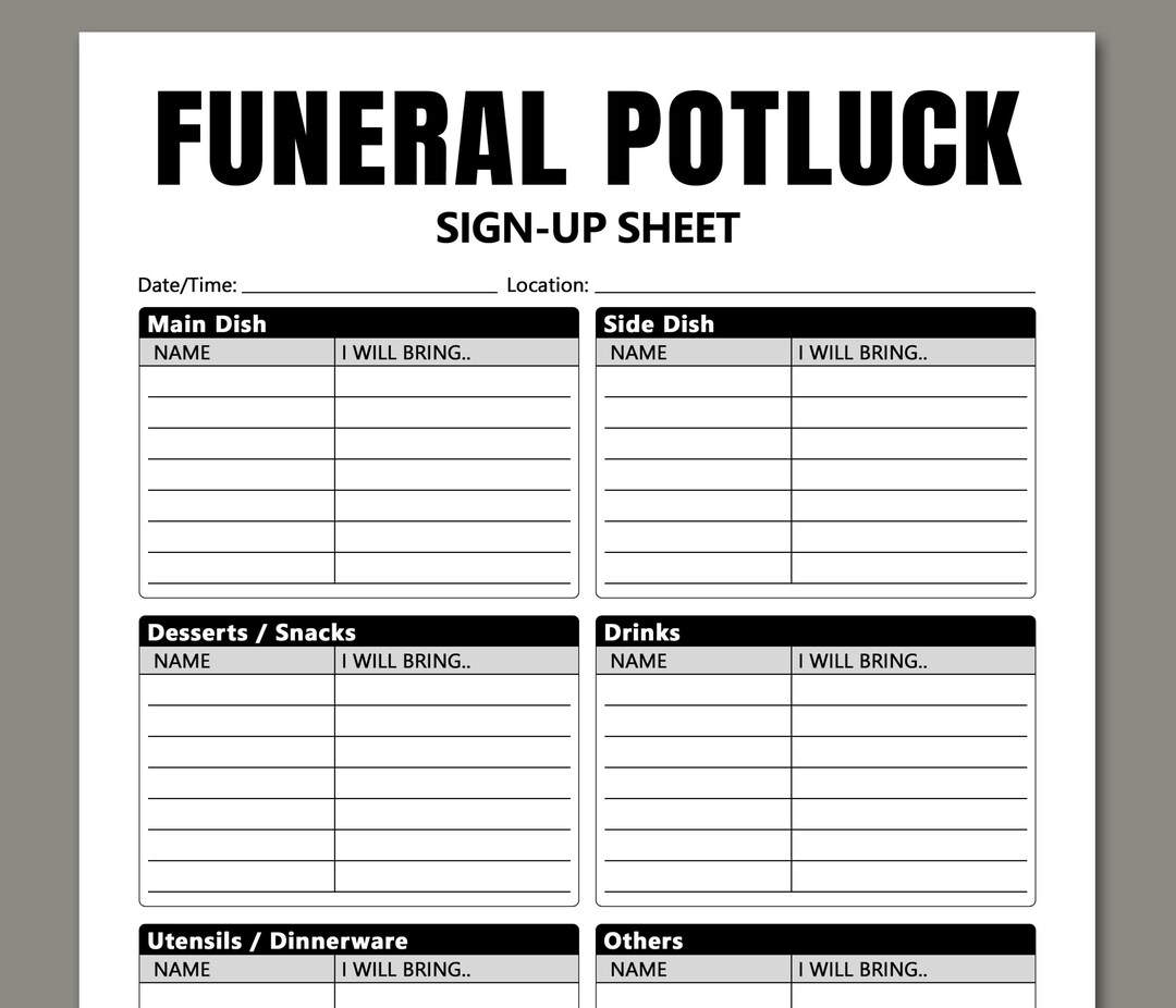 Funeral Potluck Sign up Sheet Printable Signup Form for Etsy
