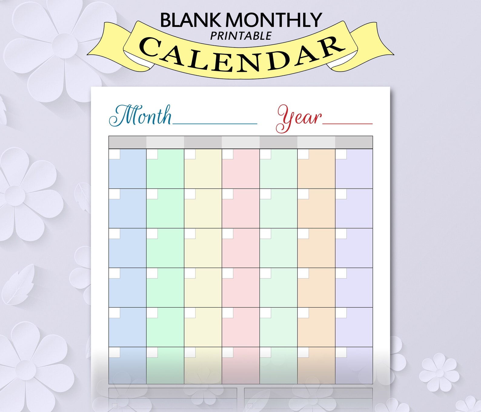 Colored BLANK Calendar Printable, Blank Perpetual Calendar, Undated ...